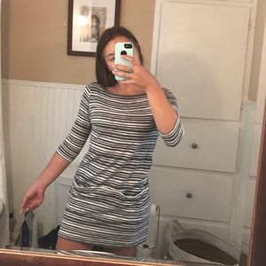 Grey and white striped midi dress with pockets